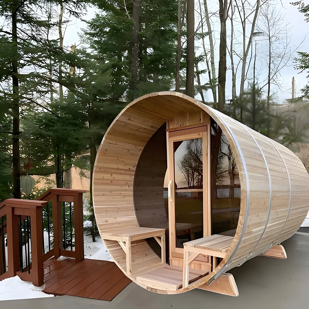 Outdoor Barrel Sauna, Red Cedar Solid Wood 3-Person Sauna Room, 6kw Electric Heater, 1800x2400mm Traditional Wet Steam Sauna view 3