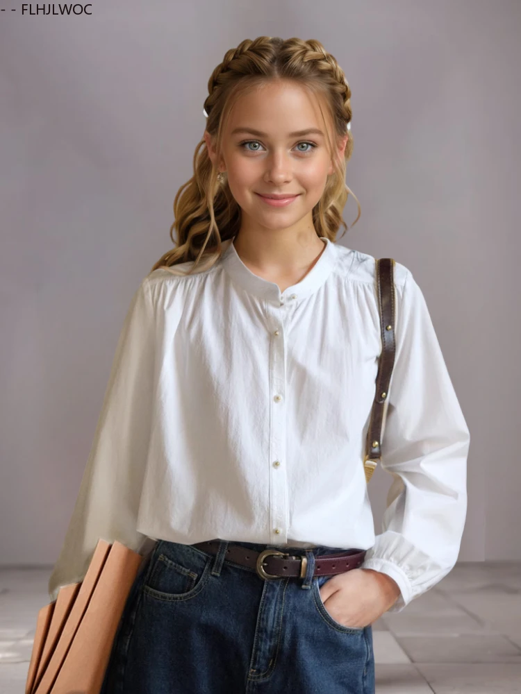 FLHJLWOC Katoenen Tops Blouses Japan Meisjes Leuke Zoete Preppy Stijl Lange Mouw Effen Groene Knop Retro Vintage Shirts