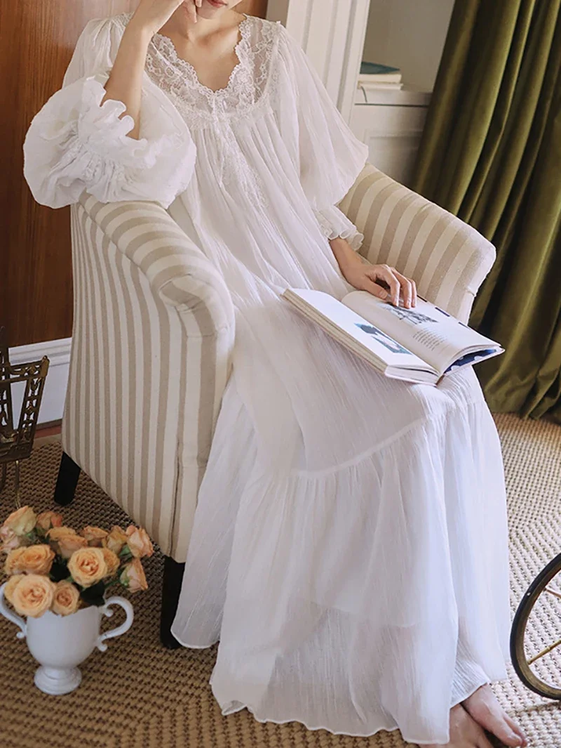 Women Spring Autumn Vintage Cotton Fairy Nightgowns Long Sleeve Lace Nightdress Victorian Night Dress Princess Sleepwear