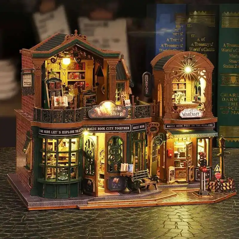 NUOVO fai da te in legno crepuscolare libro città Casa kit di costruzione in miniatura case delle bambole assemblate libreria decorazioni per la casa amici regali di compleanno