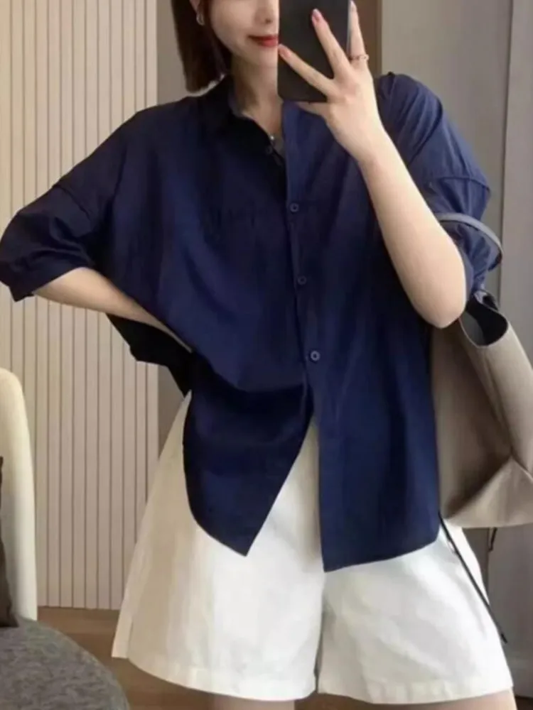 Ele Casual Biała Ochrona Przed Słońcem irt Damska Letnia Cienka Luźna Plus Size Wyszczuplająca Bluzka 7/8 irt