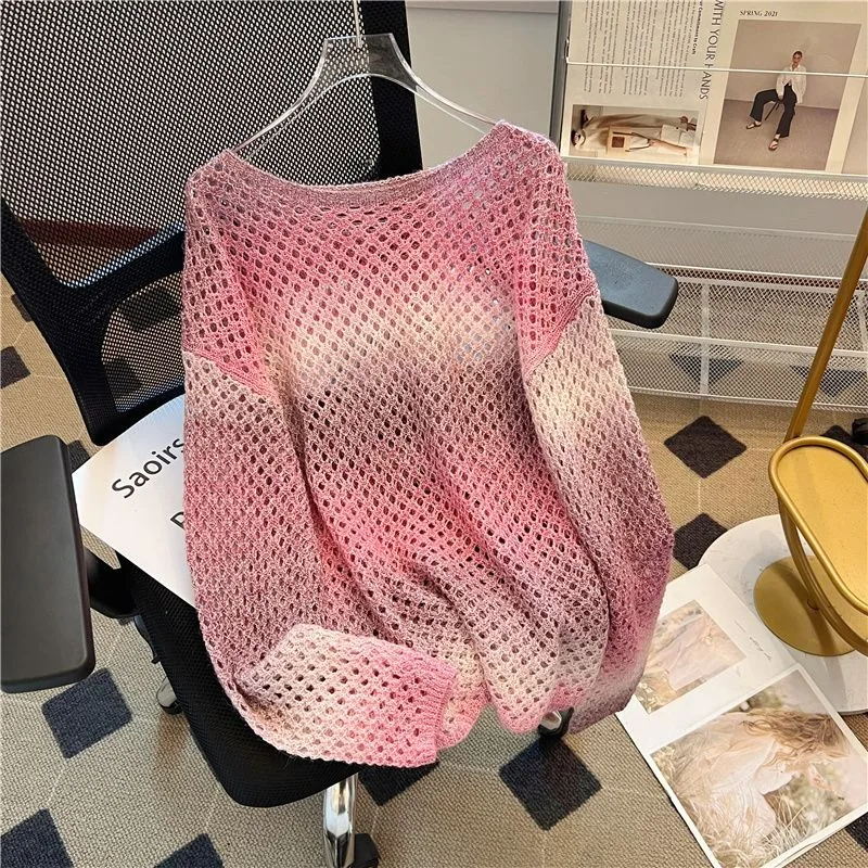 Lazy Style Hollow Out Knitted Sweater Pullover Women's 2024 Early Autumn New Fashion Tie-dye Gradient Loose Versatile Top