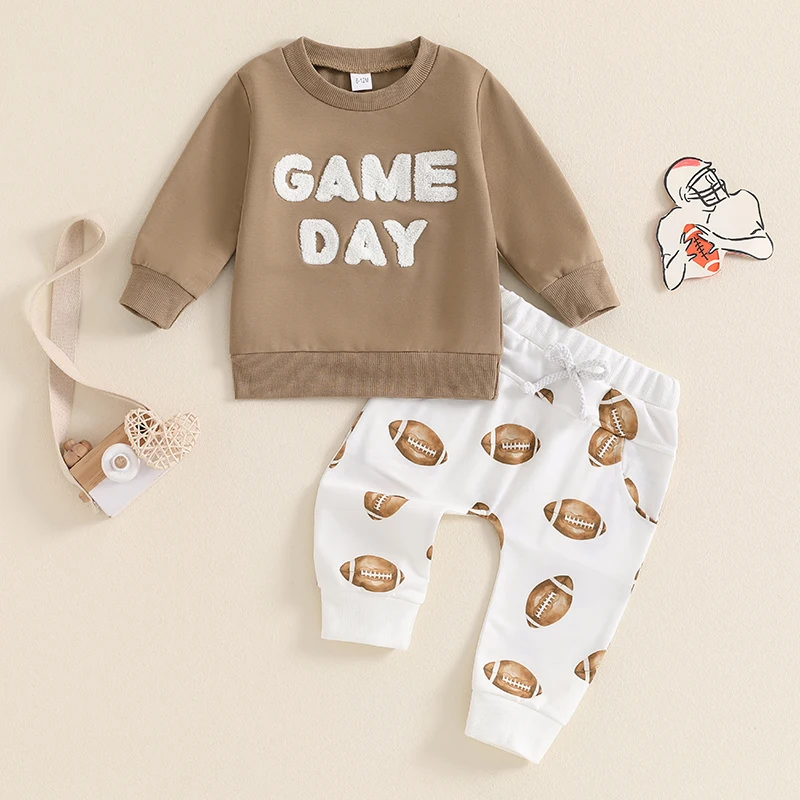 Toddler Boys Fall Outfits Fuzzy Letter Embroidery Long Sleeve Sweatshirts and Rugby Print Long Pants 2Pcs Clothes Set