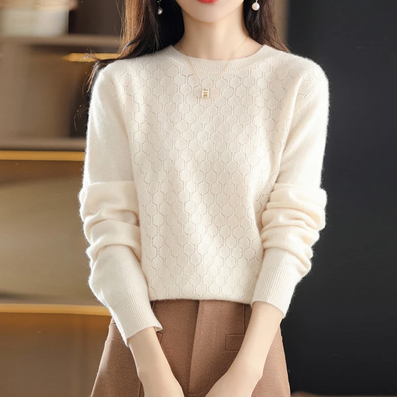 100% Wool Sweater Women Hollow Out Tops Autumn Winter O-neck Long Sleeve Knitted Fashion Female Pullover Casual Clothing Jumper