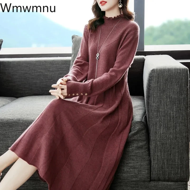 Knitted Midi Dress Half Turtleneck Thick Long Sleeve Knitwear Vestidos Loose Oversized 5xl Sweater Robe Women Fall Dresses