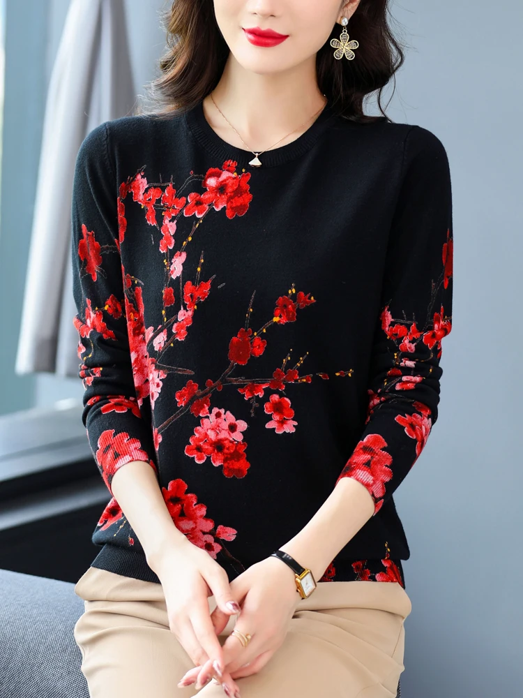 

Floral Print Sweaters Autumn Spring Soft O Neck Knitwears Pullover Pull Femme Female Casual Jumper Long Sleeve Women's Sweater