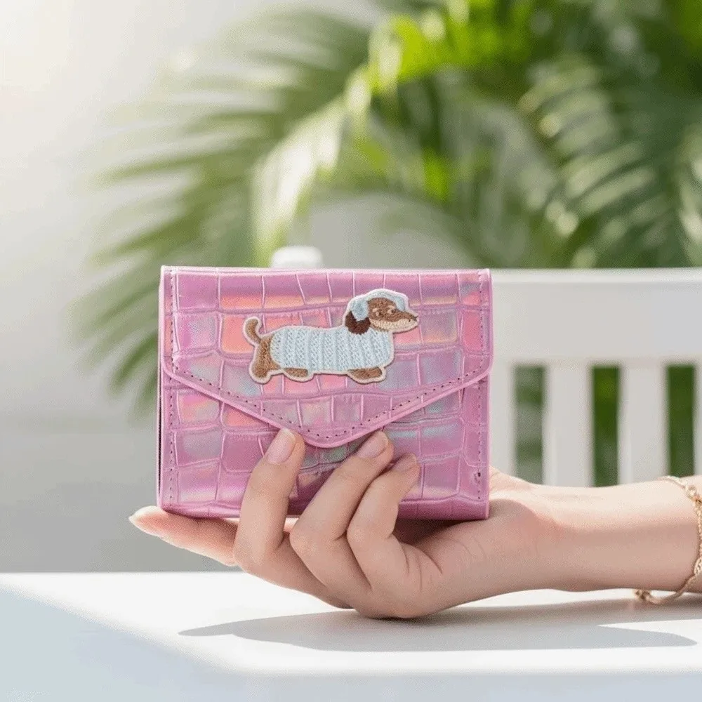 Portable Crocodile Pattern Wallet Candy Color PVC Short Leather Purse Anti-splash Water Embroidered Sausage Dog