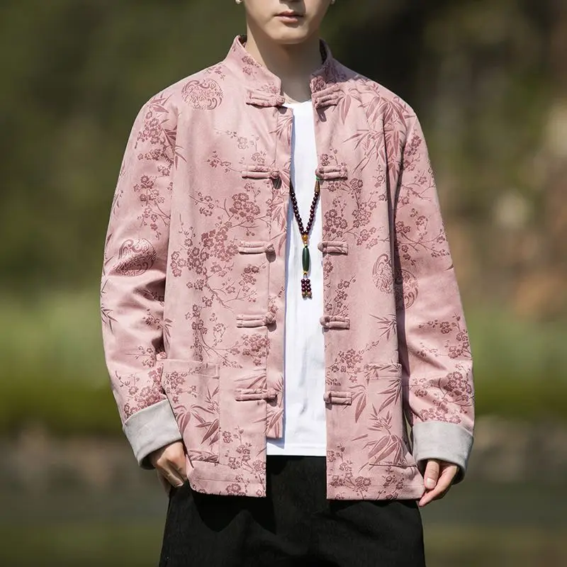 

Retro Sle Men's Jaet Stand Collar Suede Casual Outerwear New Chinese Sle Button Spring Autumn Wear Comfortable Loose Fit