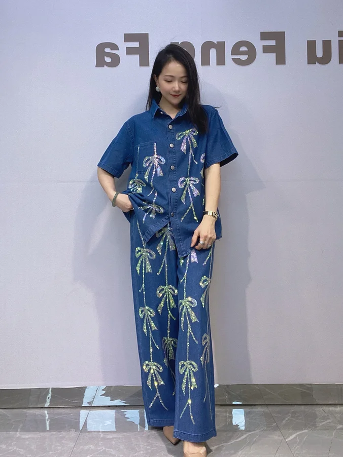 Fashion 2 Piece Denim Sets Women Outfits Bowknot Hotfix Rhinestones Diamonds Casual Short Sleeve Shirt Pant Set Summer