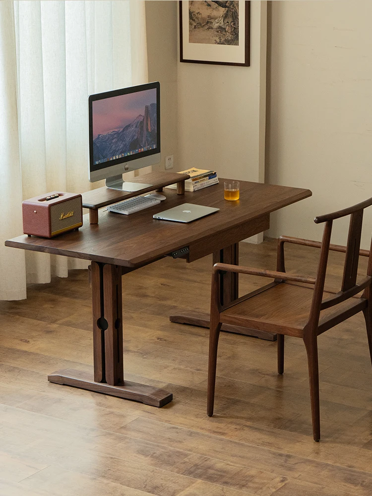 Black walnut solid wood lifting table office standing electric workbench with drawers study table