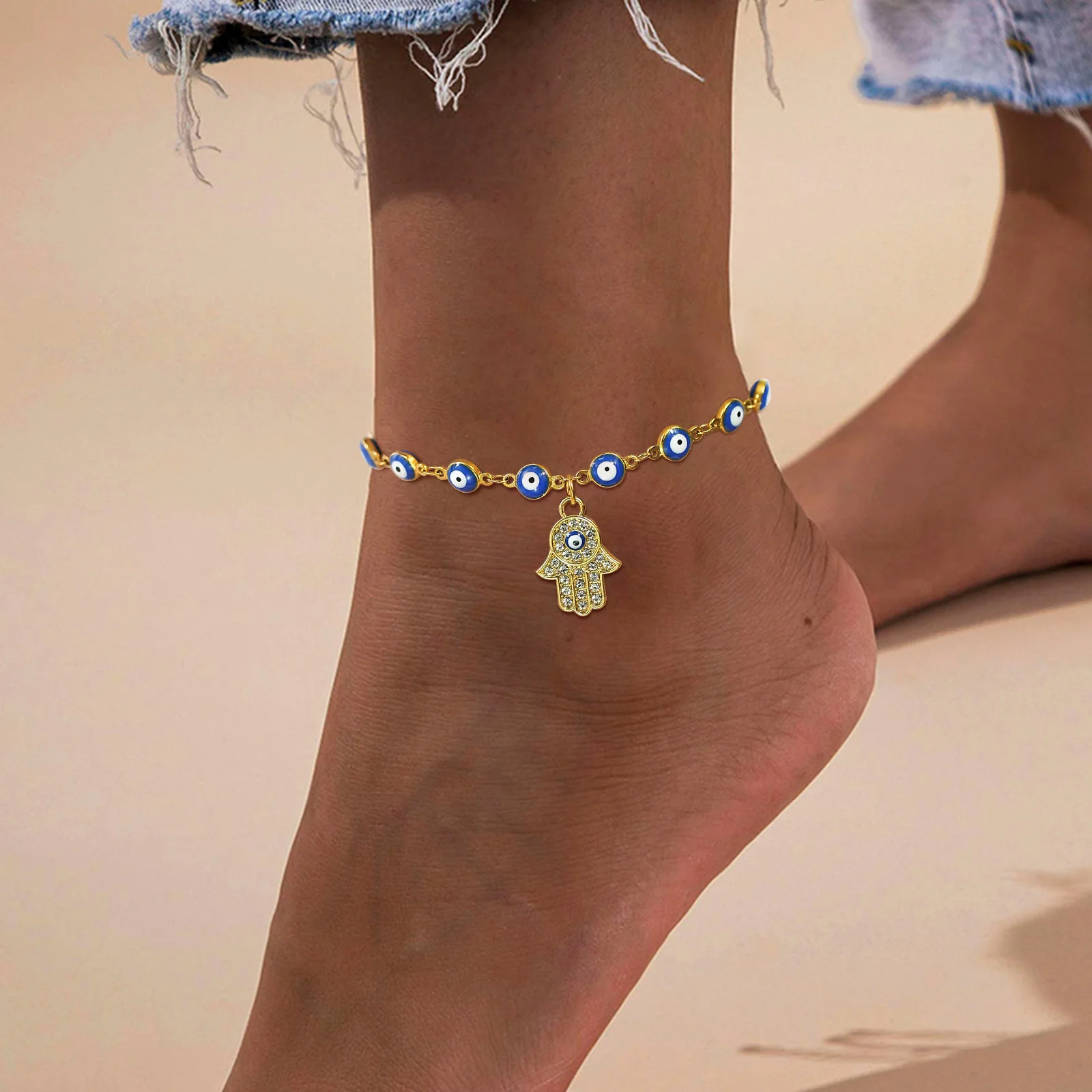 Vnox 6mm Evil Blue Eyes Anklets for Women, Adjustable Turkish Eyes Links with Hamsa Hand Charm Ankle Chain,Beach Holiday Jewelry - Image 3