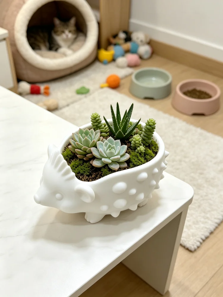 Cartoon Hedgehog Animal-Shaped Decorative Flower Pot, Large-Diameter Indoor Succulent and Cactus Container, Matte White Durable Material, Novelty Ornament-Style Flower Pot, Desktop Windowsill Office Desk Flower Pot, Home Garden Decoration, Home Decor, Gift for Green Plant Enthusiasts and Succulent Lovers