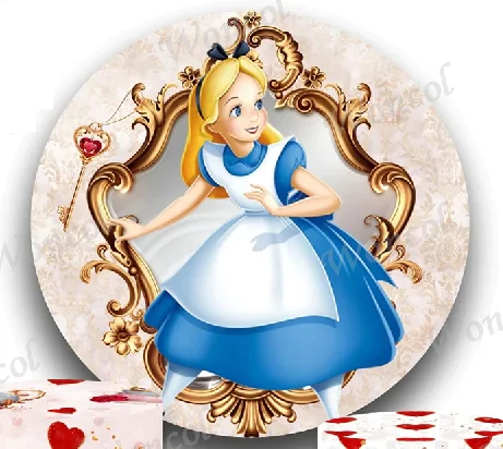 Alice in Wonderland Round Cover Girl Birthday Baby Shower Background Pocket watch Teapot Heart Cylinder Cover