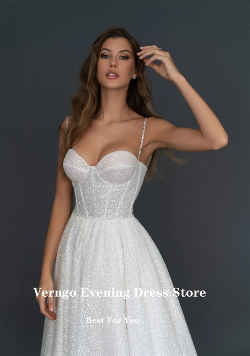 Verngo-Robe de Mariée Trapèze à Paillettes pour Femme, Bretelles Spaghetti, en Fibres, Longueur de Rincage, pour Patients, Quelle que soit la Robe de Mariage de Dubaï