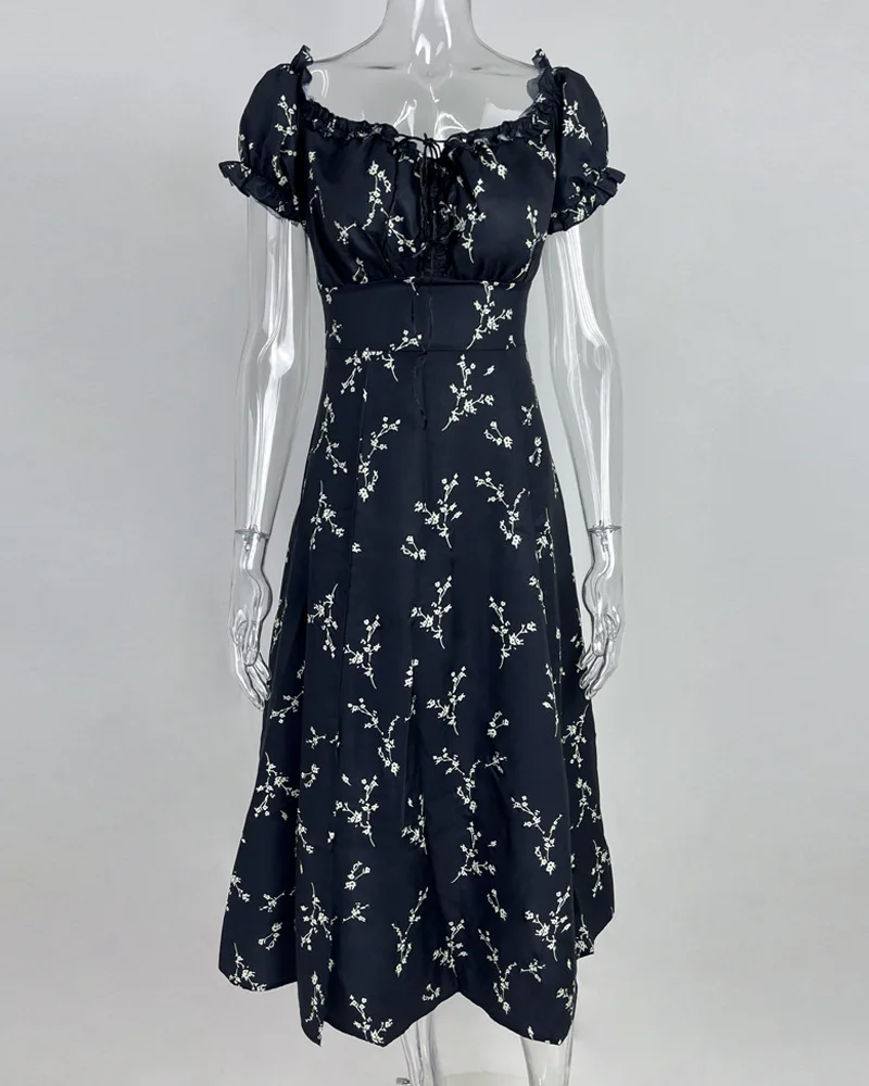 SKMY 2025 เสื้อผ้าผู้หญิงใหม่เซ็กซี่Elegantแยกชุดแฟชั่นดอกไม้พิมพ์ปิดไหล่SlashคอชุดMidi