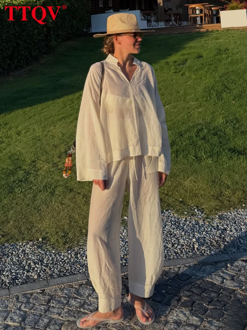 TTQV Fashion Loose Beige Cotton Women's 2-Piece Sets 2027 Elegant Long Sleeve Shirt With High Waist Wide Pants Set Female