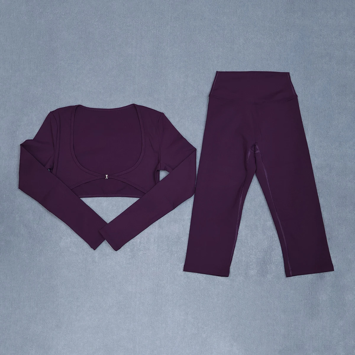Women Long Sleeve Yoga 2 Pieces Set Wide U-neck Front Clip Crop Top High Waist Tummy Slim Capri Leggings Workout Gym Sport Sets