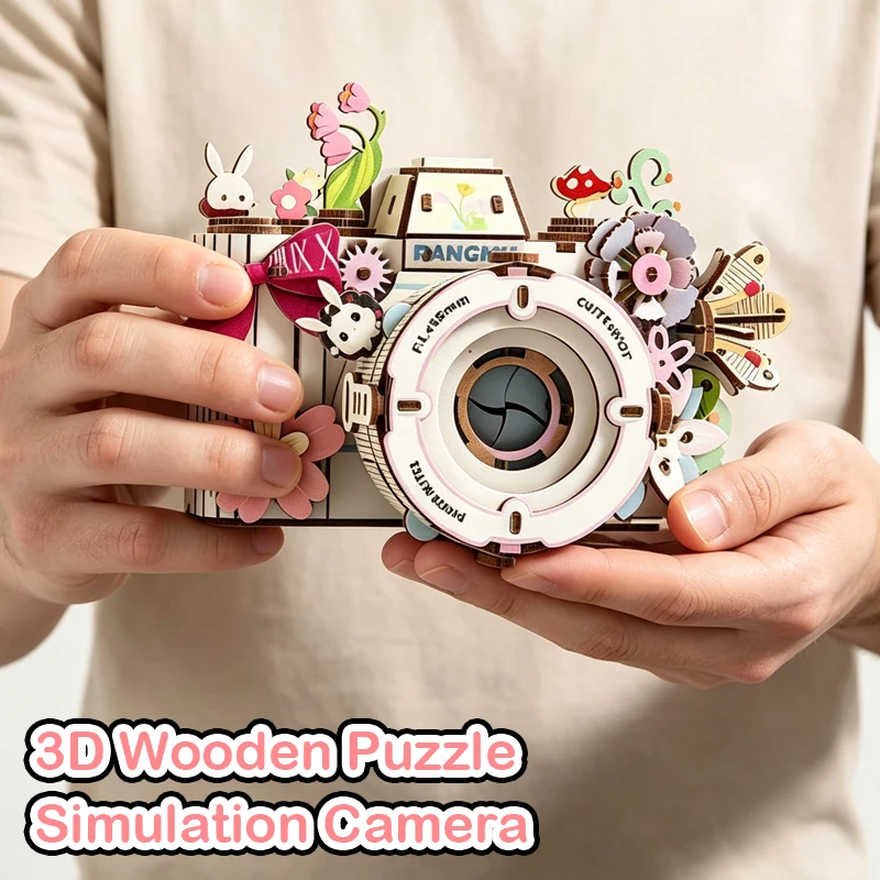 3D Wooden Puzzle DIY Assembled Camera Model Kit Eternal Flower Building Blocks Home Decor Toys for Adults Gift Holiday Present