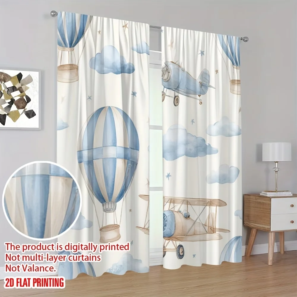 2PCS Digital Printed Curtains, Airplane Sky Aviation Travel Adventure, Window Treatments for Living Room Bedroom Home Decoration