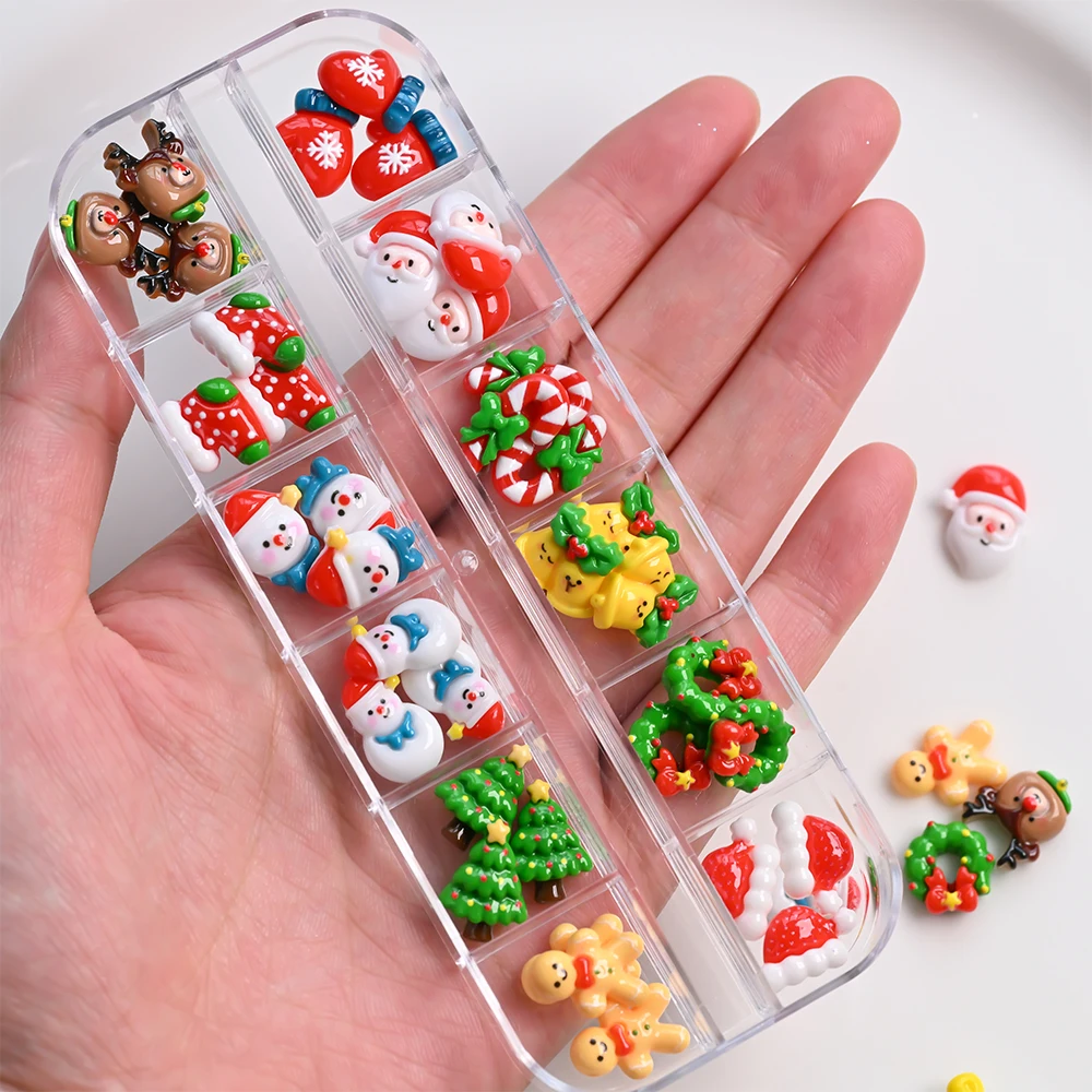 12 grades 3d papai noel rena sino natal prego strass 30/36/50 pçs resina boneco de neve meia encantos do prego inverno decoração do prego