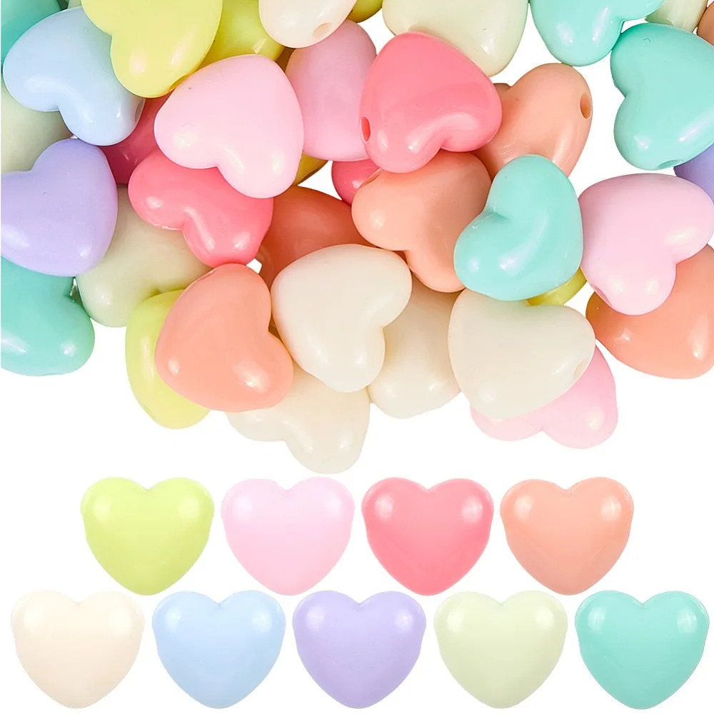 100Pcs Opaque Acrylic Beads Heart Mixed Color 15x17x9.5mm Hole: 2.5mm