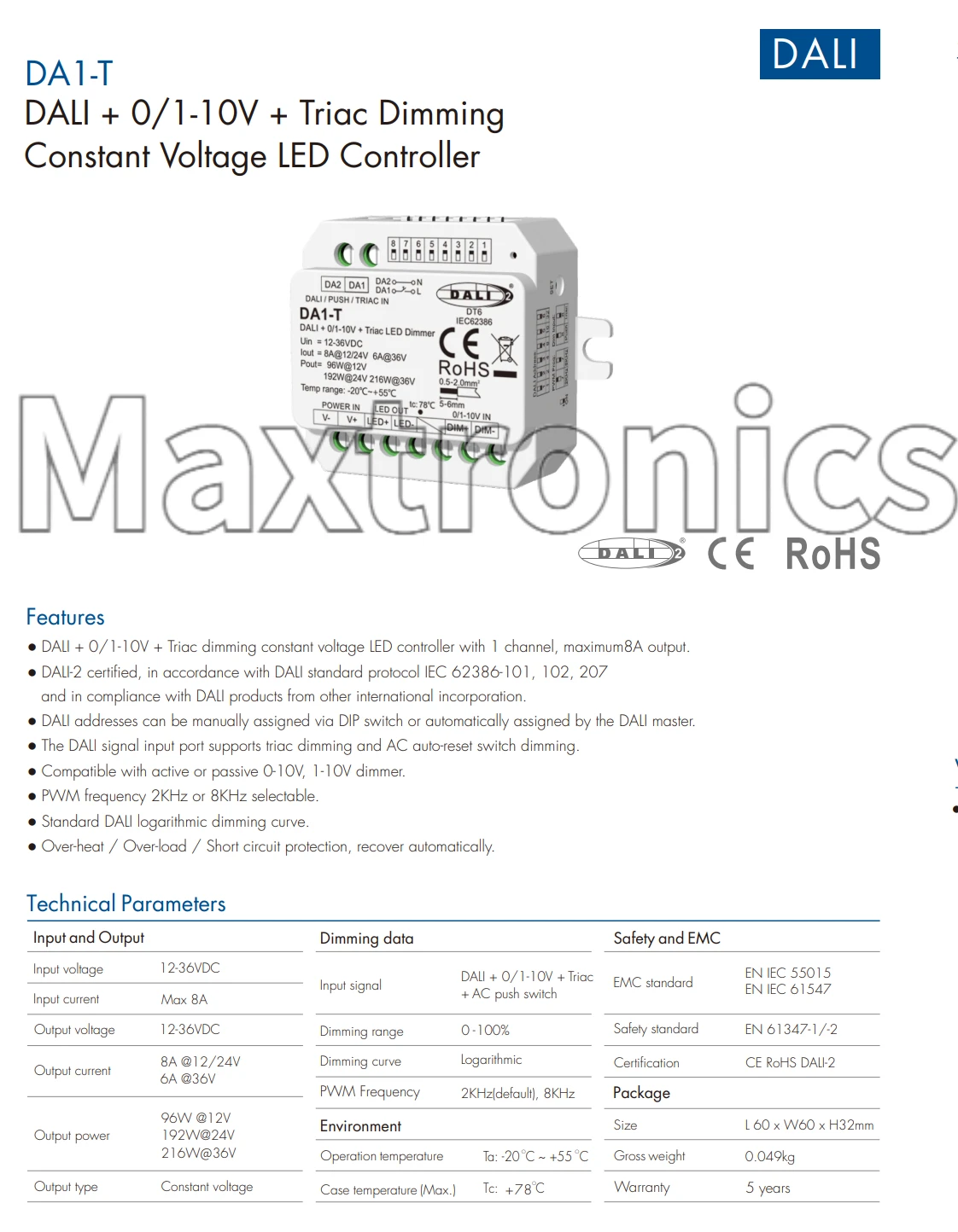 Skydance DALI + 0/1-10V + Triac Dimming Constant Voltage LED Controller DA1-T DT6 for 5050 2835 COB Single Color LED Strip light