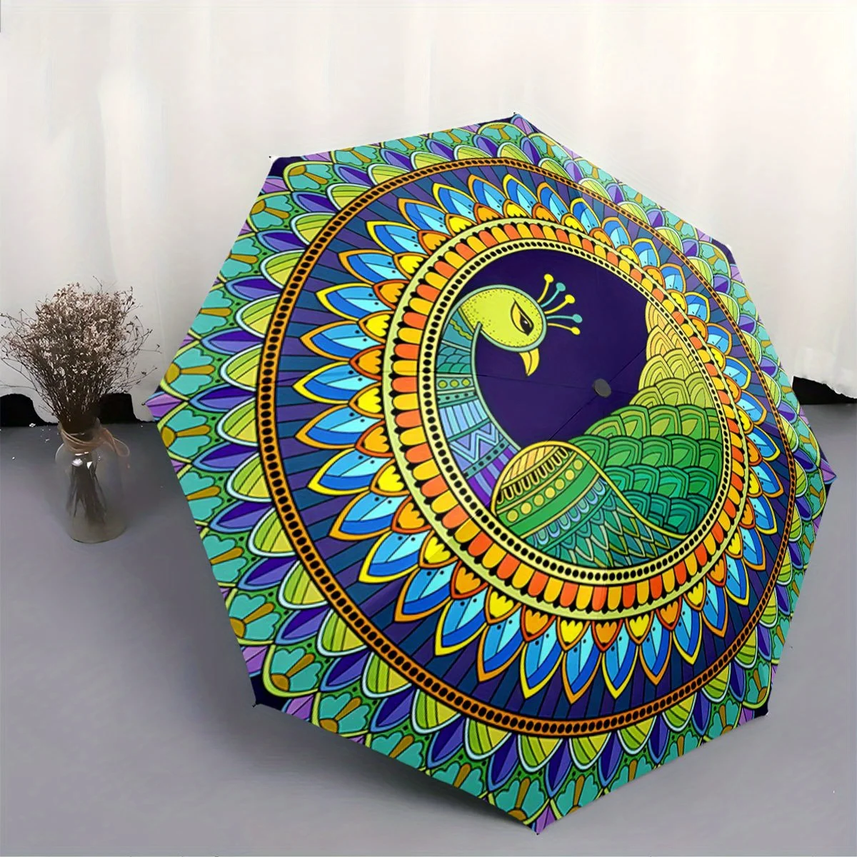 

Automatic Folding Umbrella Mandala peacock design. Portable collapsible design, casual outdoor accessory, for all seasons, Chr