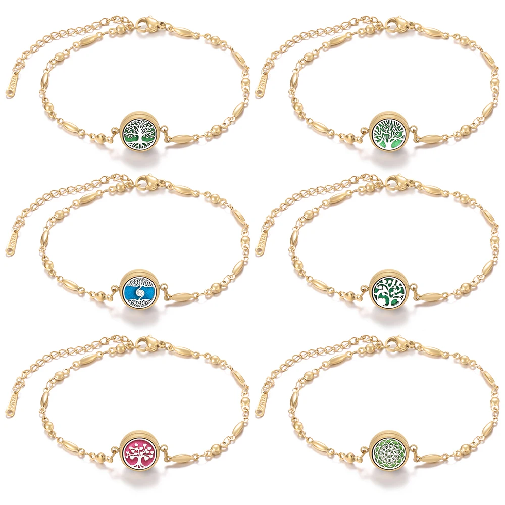 Golden 12MM Aromatherapy Stainless Steel Bracelet Spiral Opening Perfume Locket Tree of Life Essential Oil Diffuser Jewelry GIft