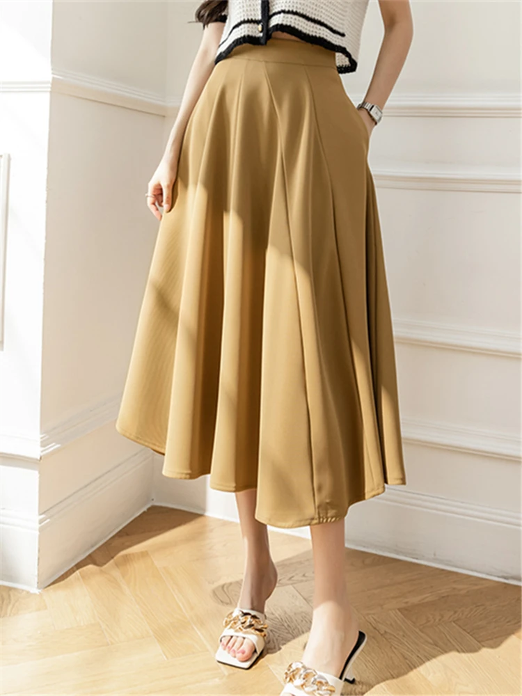 

Autumn Elegant Korean Women's Umbrella Skirts Pockets 2023 New Solid Workwear High Waist A-Line Skirts Female Spring