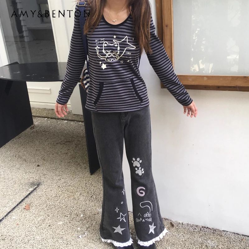 

Japanese 2025 Spring Summer Animal Embroidery Women's Flared Pants Original Design Slimming Versatile Subculture Jeans Ladies