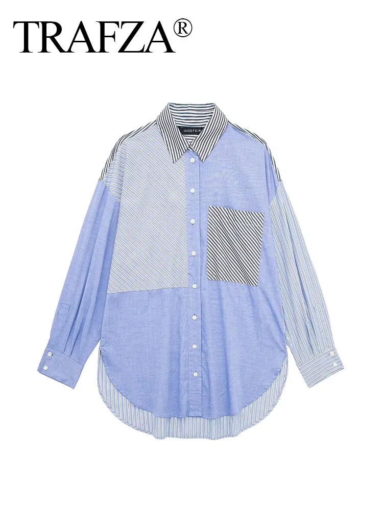 

TRAFZA 2024 Women Summer Fashion Blouses Turn Down Collar Patchwork Shirts Woman Button Elegant Versatile Blue Shirt Tops TRAF