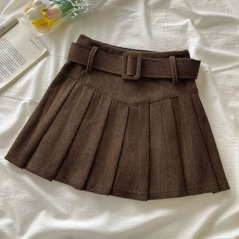 Corduroy  Pleated Skirt High Waist Anti-Light Half Body Skirt Korean Style Autumn Winter Design Slimming City Walk