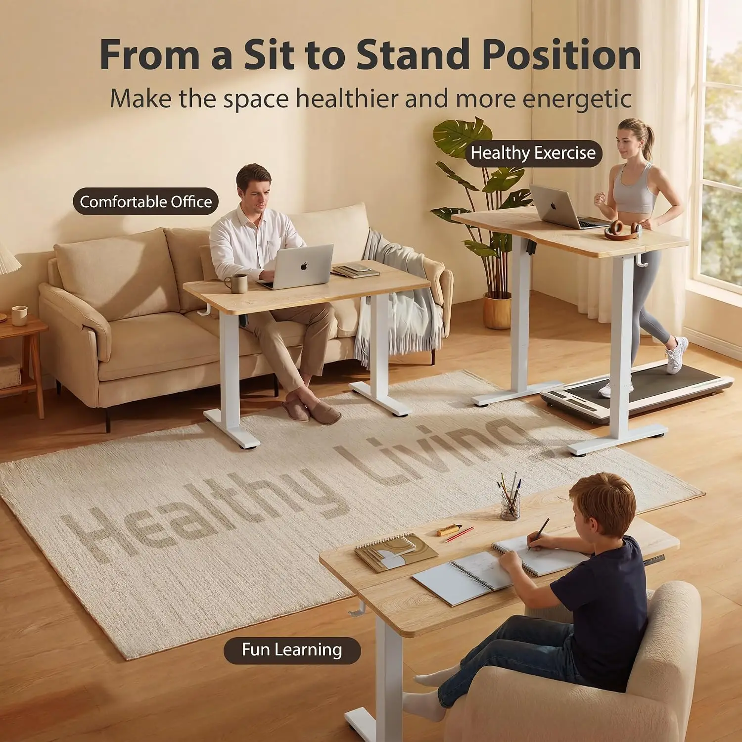 Electric Stand Desk 48X24 Inches Sit Stand Home Office Up Adjustable Splice Board White Frame Maple Top