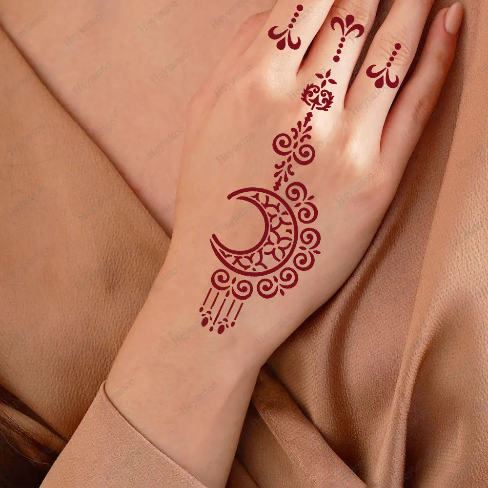 Moon Flower Design Tattoo Stencils for Ramadan Festival Henna Tattoo Templates for Women Hand Body Decor Temporary Tattoos