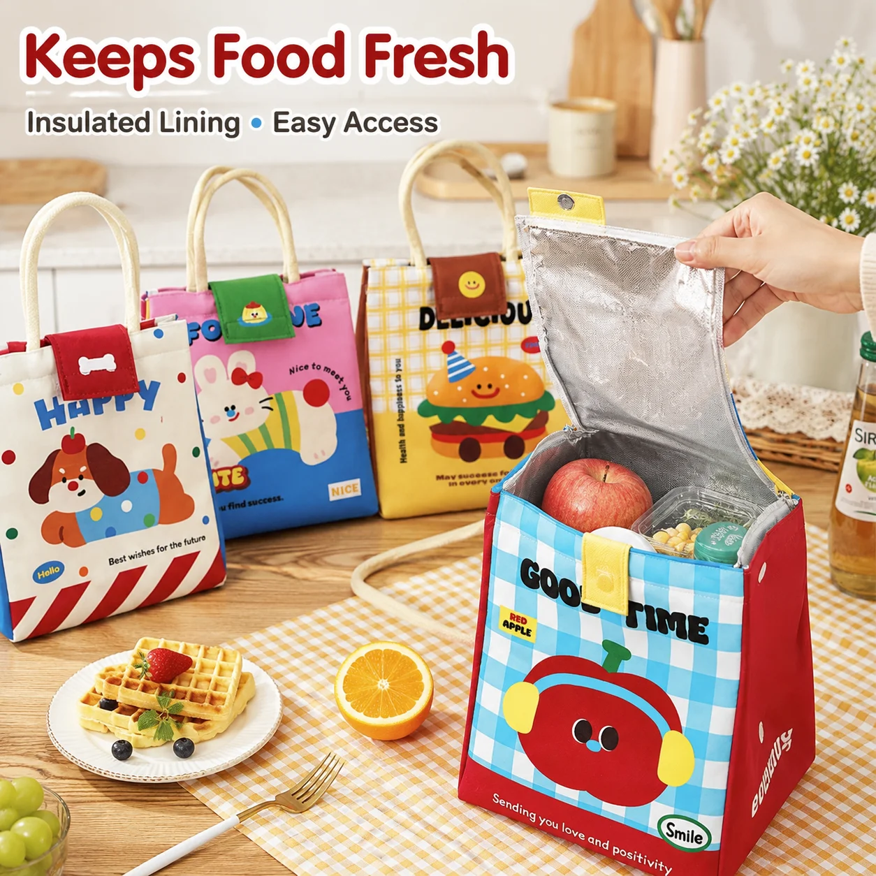 Office Worker Portable Handheld Bento Bag Cute Cartoon Pattern Large Capacity Thermal Fresh Lunch Storage Bag