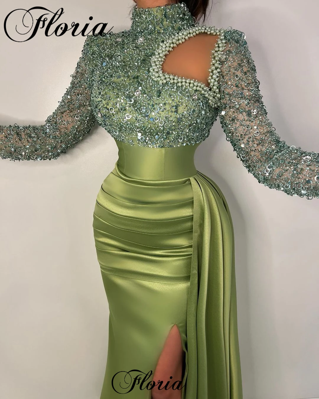 Simple Green Evening Dresses Mermaid High Neck Long Sleeves Prom Party Dresses Cocktail Dresses For Women Vestidos Para Mujer