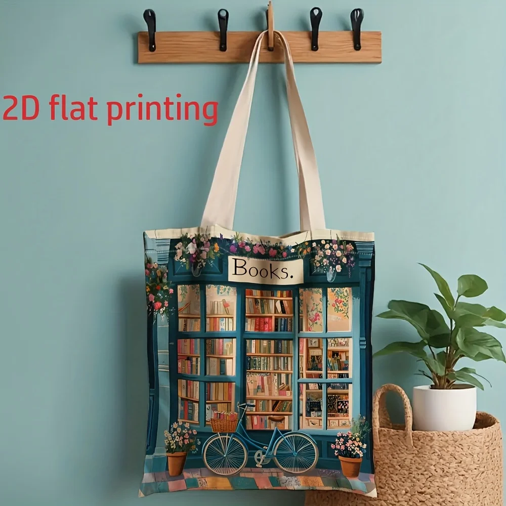 A Bookstore bicycle floral pattern print canvas tote bag, suitable for daily use, shopping, school, and travel
