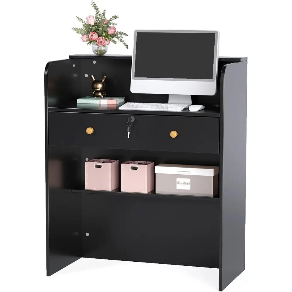 

Reception Desk with Counter, Small Front Checkout Desk w/Lockable Drawer, Wooden Modern Reception Table (Black)