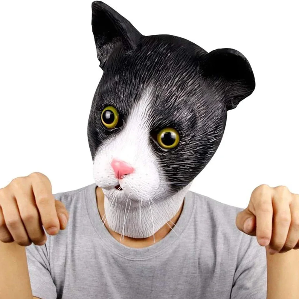 Máscara de gato de Halloween, cubierta divertida para cabeza de Animal, cara completa de látex, accesorio de fiesta, casco de burro y caballo, disfraz para adulto para hombres