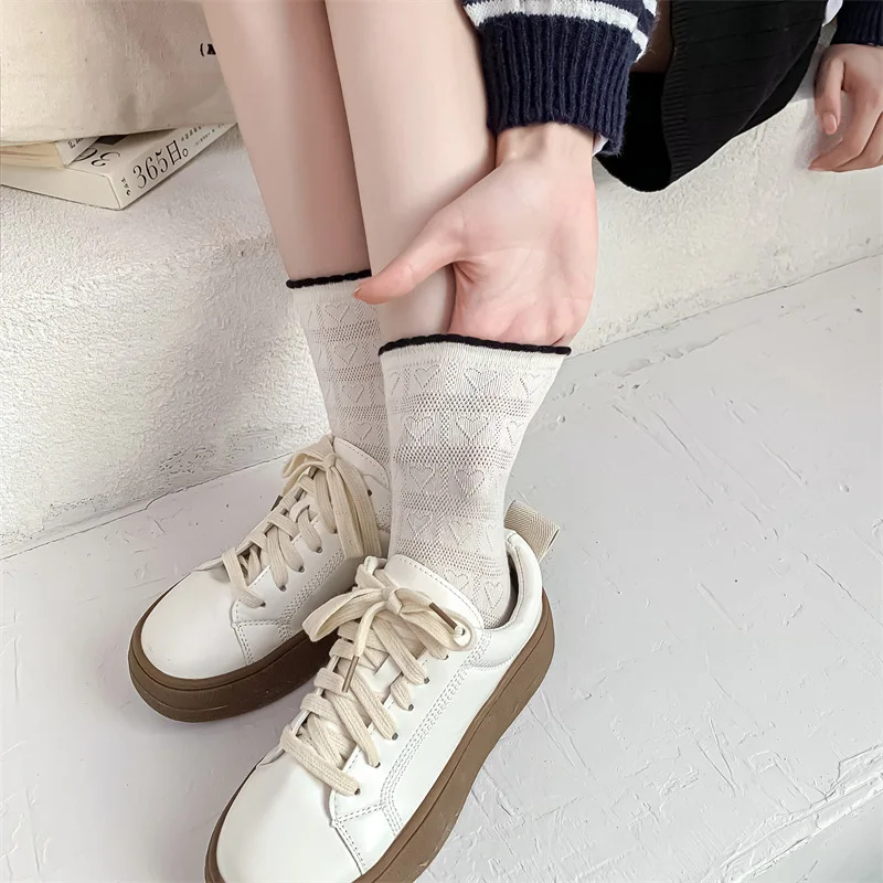 Women's Socks Spring Summer Simple Socks Flower Edge Fashion Sock Breathable Mid-tube Stocking Thin Cotton Solid Color Wholesale
