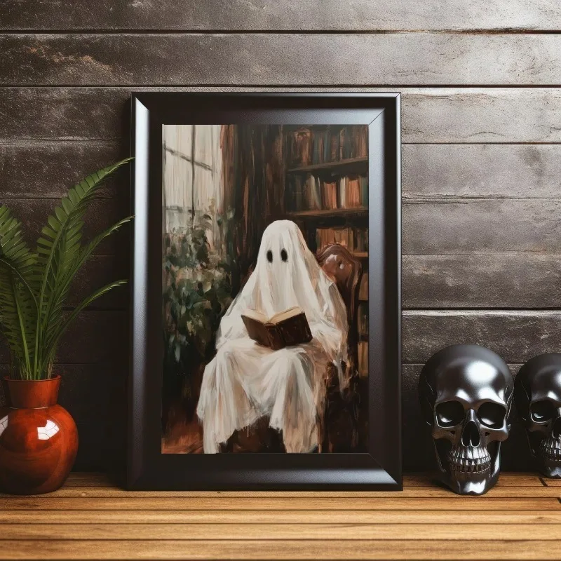 Ghost Reading Book in Vintage Library Wall Art Print Dark Academia Spooky Halloween Cozy Study Room Home Decor Unframed Canvas
