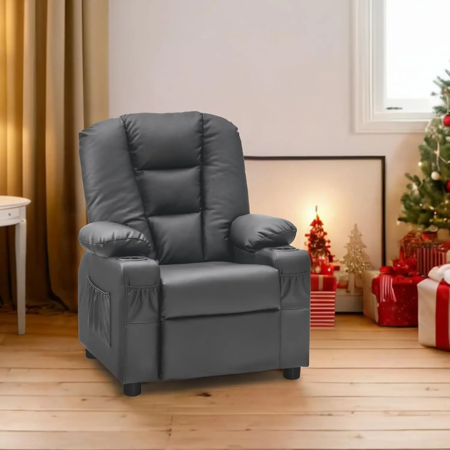 Big Kids Recliner for Ages 3+, Child Recliner Chair, Toddlers Recliner Sofa with Cup Holders, Faux Leather, 7322(Dark Grey)