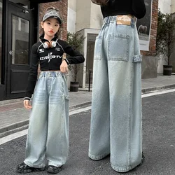 New Autumn Teen Girls Jeans High Waisted Wide Leg Pants Children's Loose Korean Blue Denim Pants Casual Style Trousers Clothes