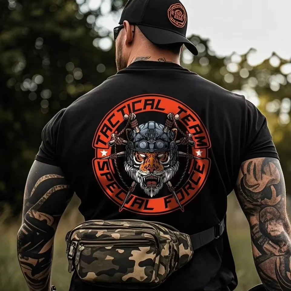 Camiseta con gráfico de Guerrero Tigre de las Fuerzas Especiales del Equipo Táctico, Ropa Urbana Militar, Camiseta Extra Grande de Algodón para Hombre para Uso Diario