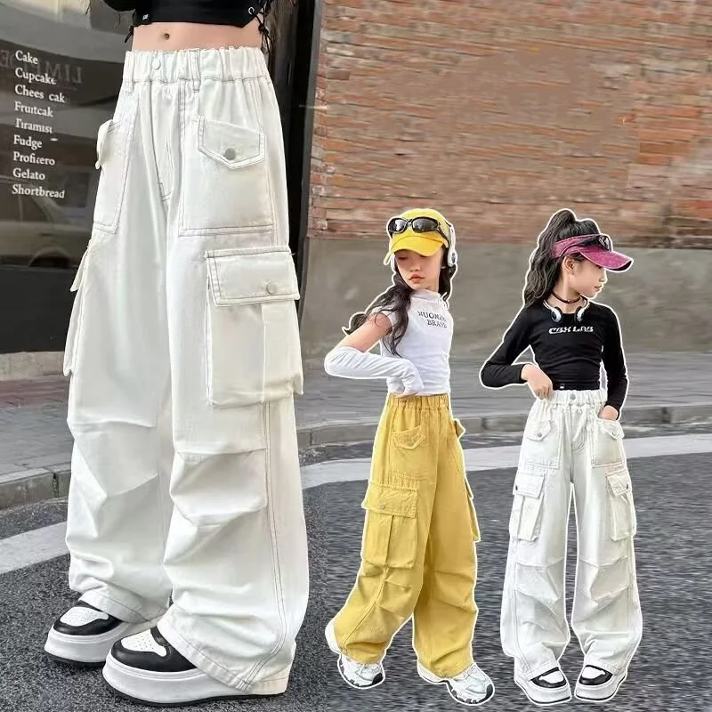 Children's Cargo Sweatpants Casual Girls Autumn Fashion Trousers with Pockets Solid Work Pants for Kids 4-15Y