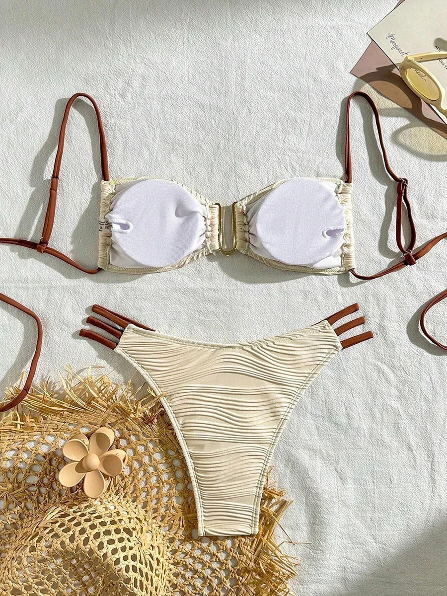 XS - L Wrinkled U Rings Bandeau Bikini Women Swimwear Female Swimsuit Two-pieces Bikini Set Bather Bathing Suit Swim Beachwear