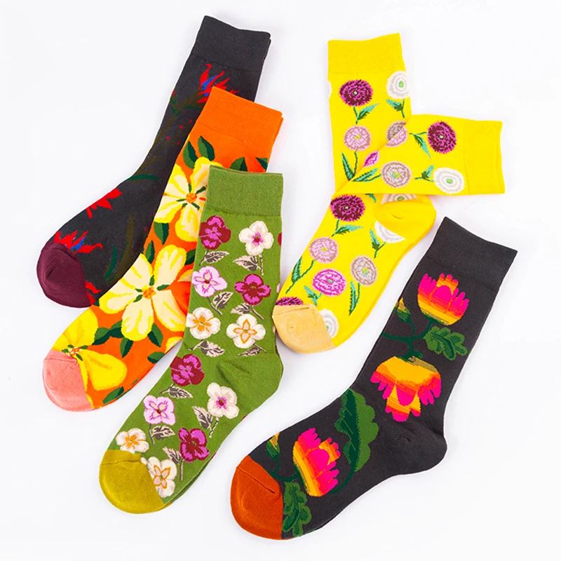 5 Pairs New Arrivals Combed Cotton Women Socks Unisex Cute Floral Styles 8 Color Happy Funny Casual Female Breathable Crew Socks