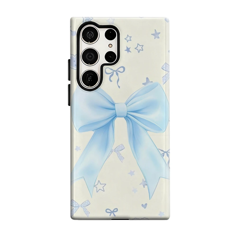 Pale Blue Bow Accents Phone Case for Samsung Galaxy S25 Ultra S24 S23 Ultra Plus Glossy Double-layer Back Cover