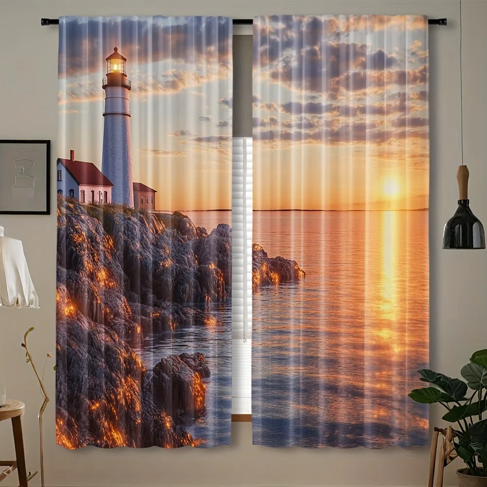 Seaside Sunset Lighthouse Curtain 2 Pack,Cliff Ocean Cloud Print Drapes for Nautical Bedroom Coastal Farmhouse Living Room Decor