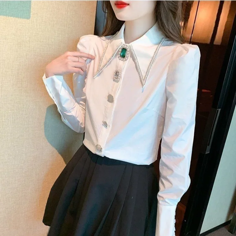 Women New Polo Collar Shirt Fashion and Elegant Studded with Diamonds Solid Buttons Casual and Versatile Long Sleeve Tops E672